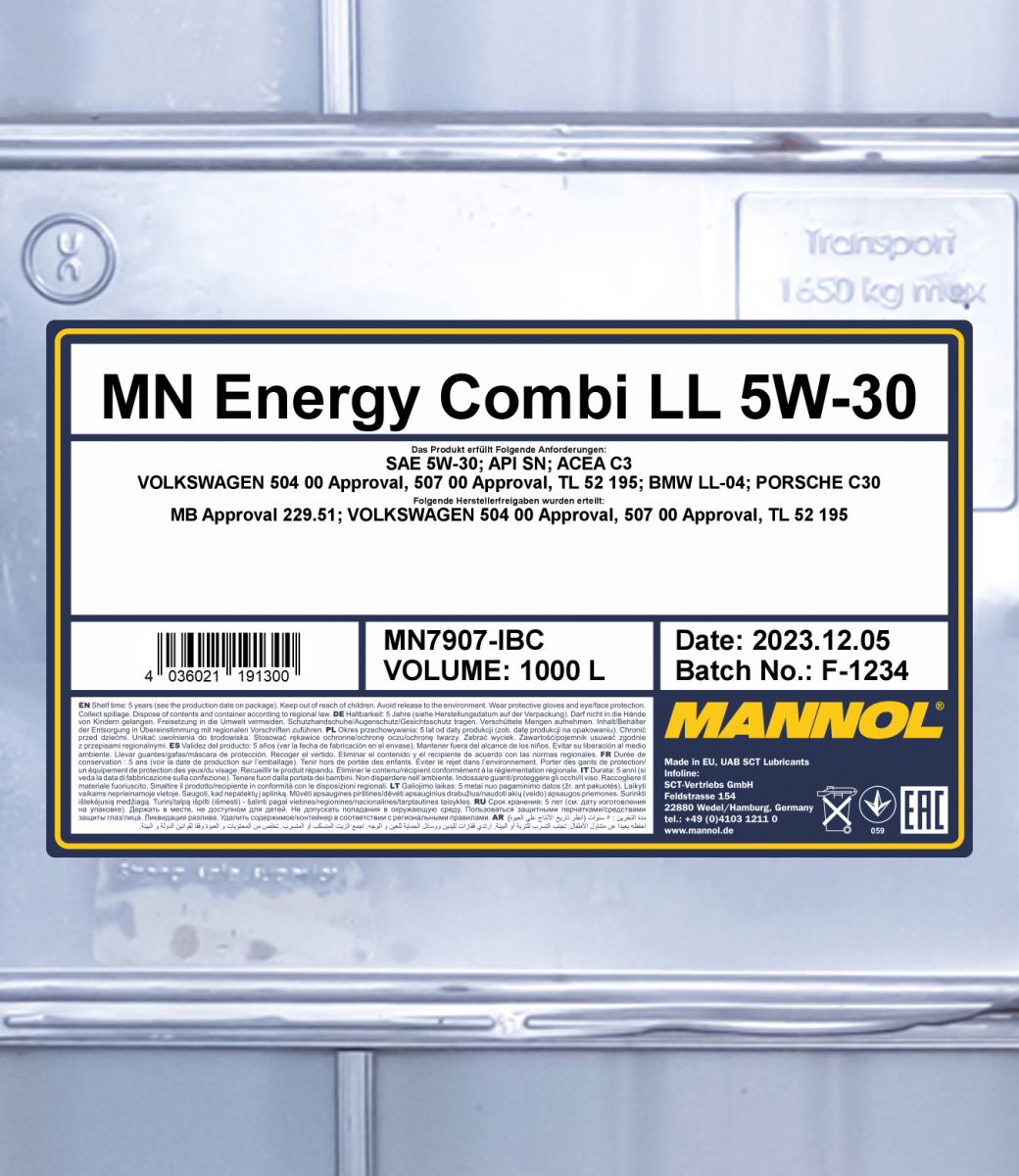 MANNOL 7907 Energy Combi LL SAE 5W-30 VW 504 00/507 00 Bi-Synthetic (PAO +  esters) Motor Oil for Petrol and Diesel Engines Oil Change Intervals Long