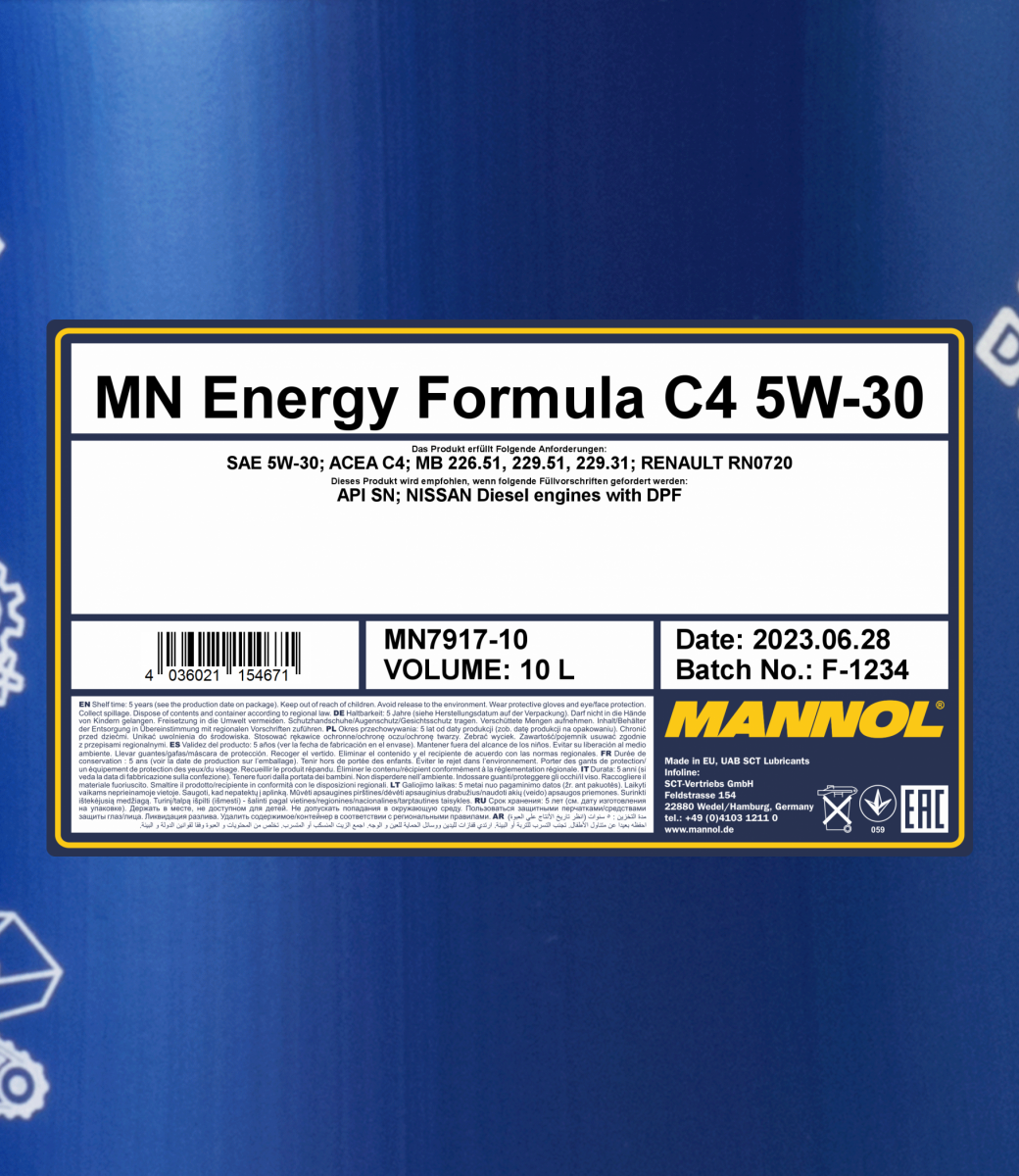 MANNOL 7511 Energy 5W-30 API SN/CH-4 ACEA A3/B3 HC SYNTHESE Imported from  Germany 5 L : : Car & Motorbike